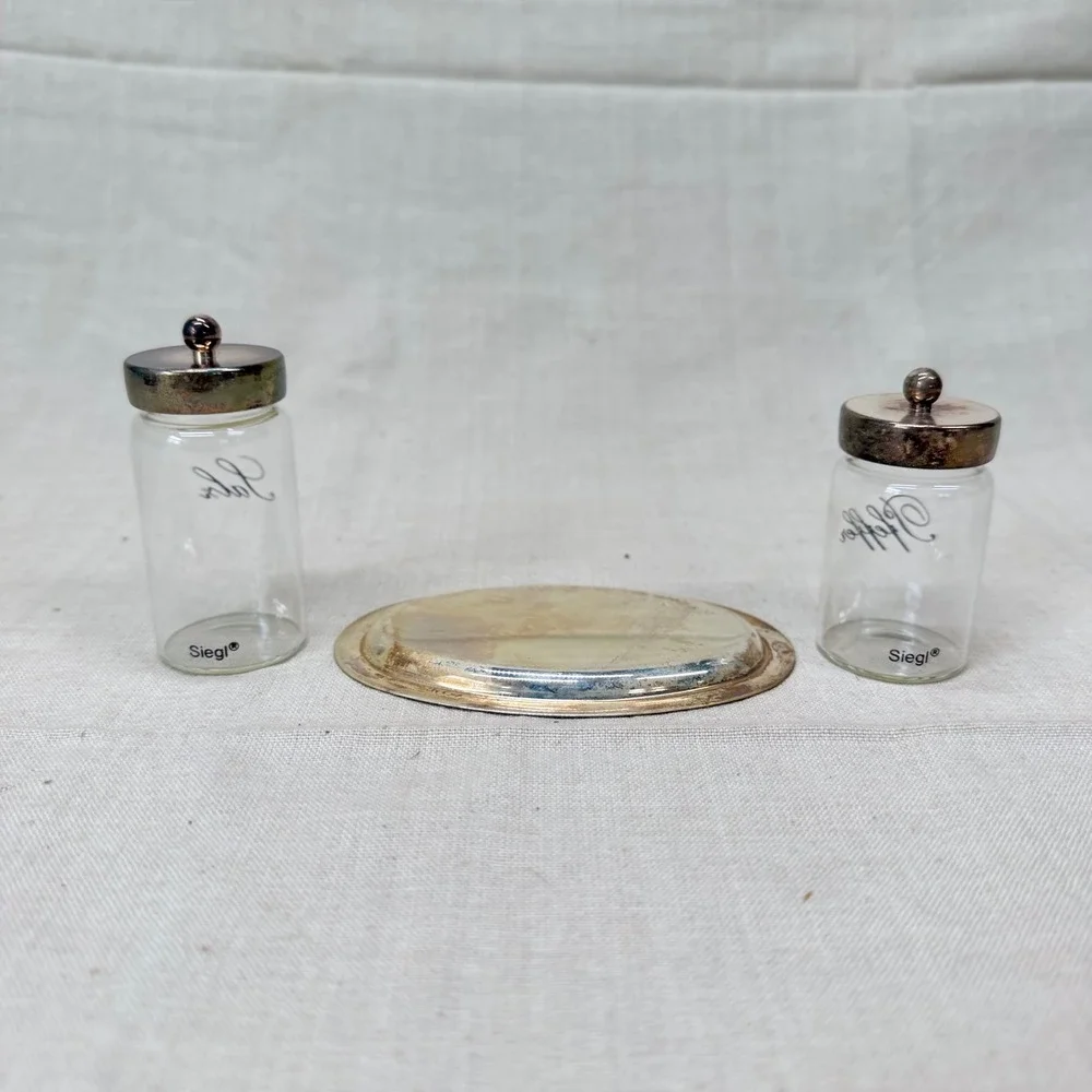 Vintage German Salz Pfeffer Salt Pepper Set Silver Plate Tray Cottage Kitchen